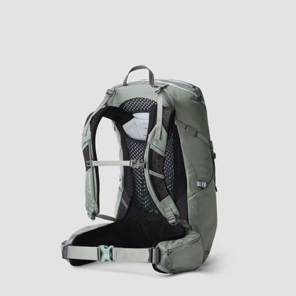 Side view of the Gregory Jade 28 backpack in Artichoke Green showing the padded back panel and hip belt against a plain background.
