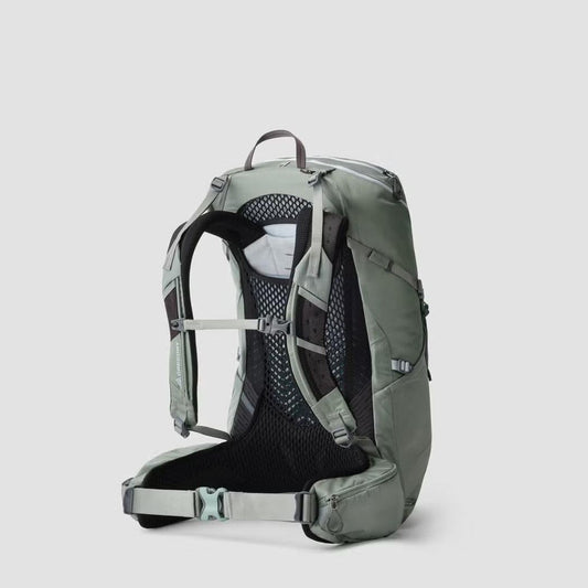 Side view of the Gregory Jade 28 backpack in Artichoke Green showing the padded back panel and hip belt against a plain background.