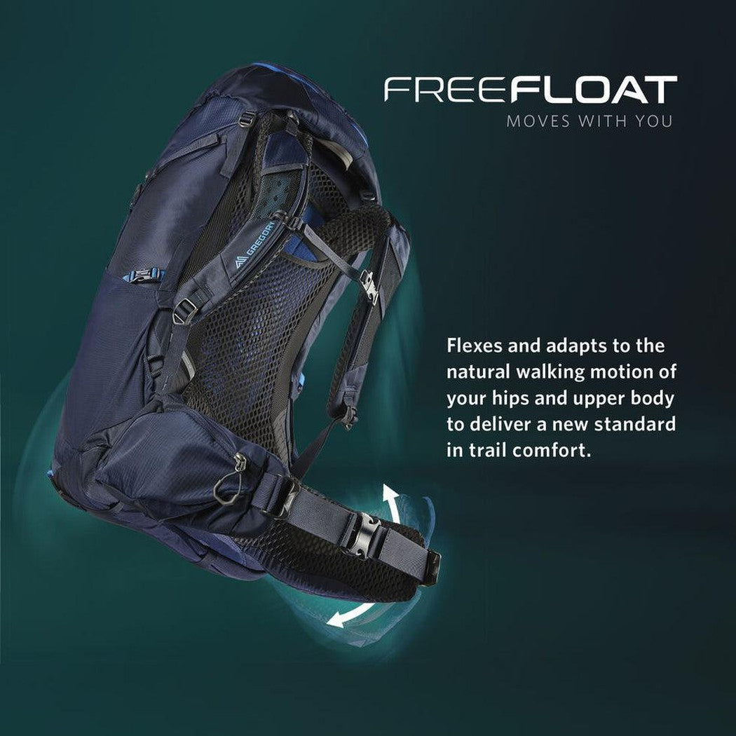 Side view of the Gregory Jade 43 in Mist Grey showing the FreeFloat feature against a dark background.