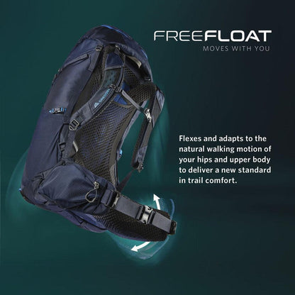 Side view of the Gregory Jade 43 in Mist Grey showing the FreeFloat feature against a dark background.