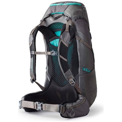 Side view of the Gregory Jade 43 backpack in Mist Grey showing the padded mesh back panel and hip belt against a white background.