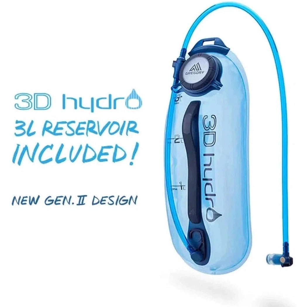 A side view of the Laguna Blue Gregory Juno 30 H20 Plus showing the 3D hydro reservoir and drinking tube against a white background.