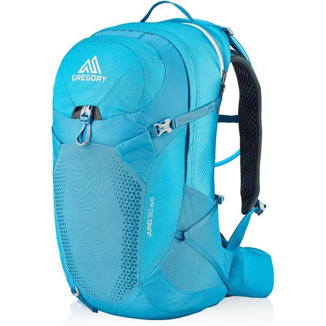 Side view of the Gregory Juno 30 H20 in Laguna Blue showing the mesh back panel and zippered front pocket against a white background.