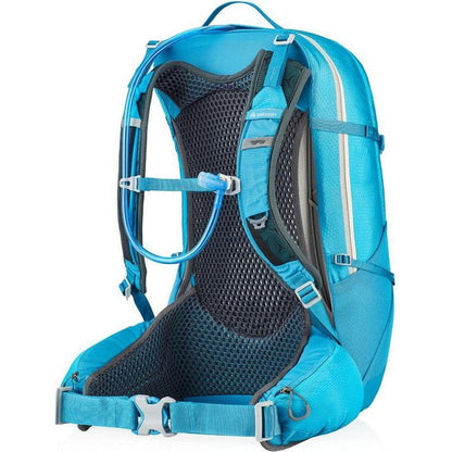 Back view of the Gregory Juno 30 H20 in Laguna Blue showing the breathable mesh back panel and hydration tube.