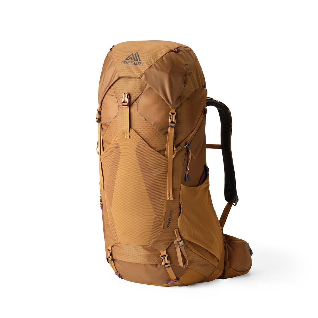 Side view of the Gregory Maven 48 in Warm Bronze showing the top zippers and black shoulder straps against a white background.