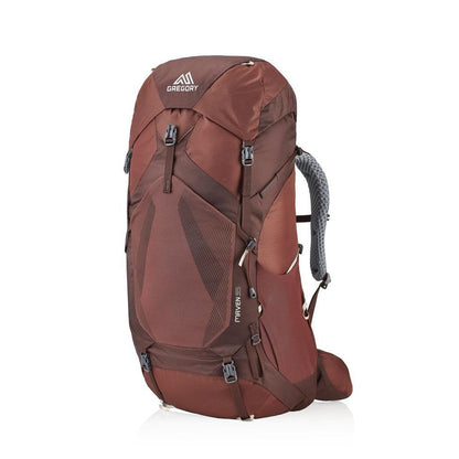 Side view of the Gregory Maven 55 backpack in Rosewood Red showing the shoulder straps and zippers against a white background.