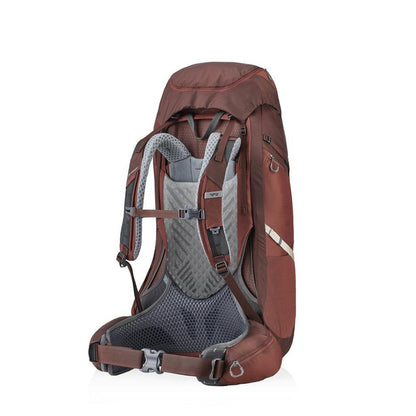 Side view of the Gregory Maven 55 in Rosewood Red showing the padded back panel and hip belt against a white background.