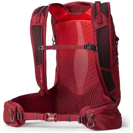 Side view of the Gregory Maya 20 Plus in Iris Red showing the breathable mesh back panel and waist belt against a white background.