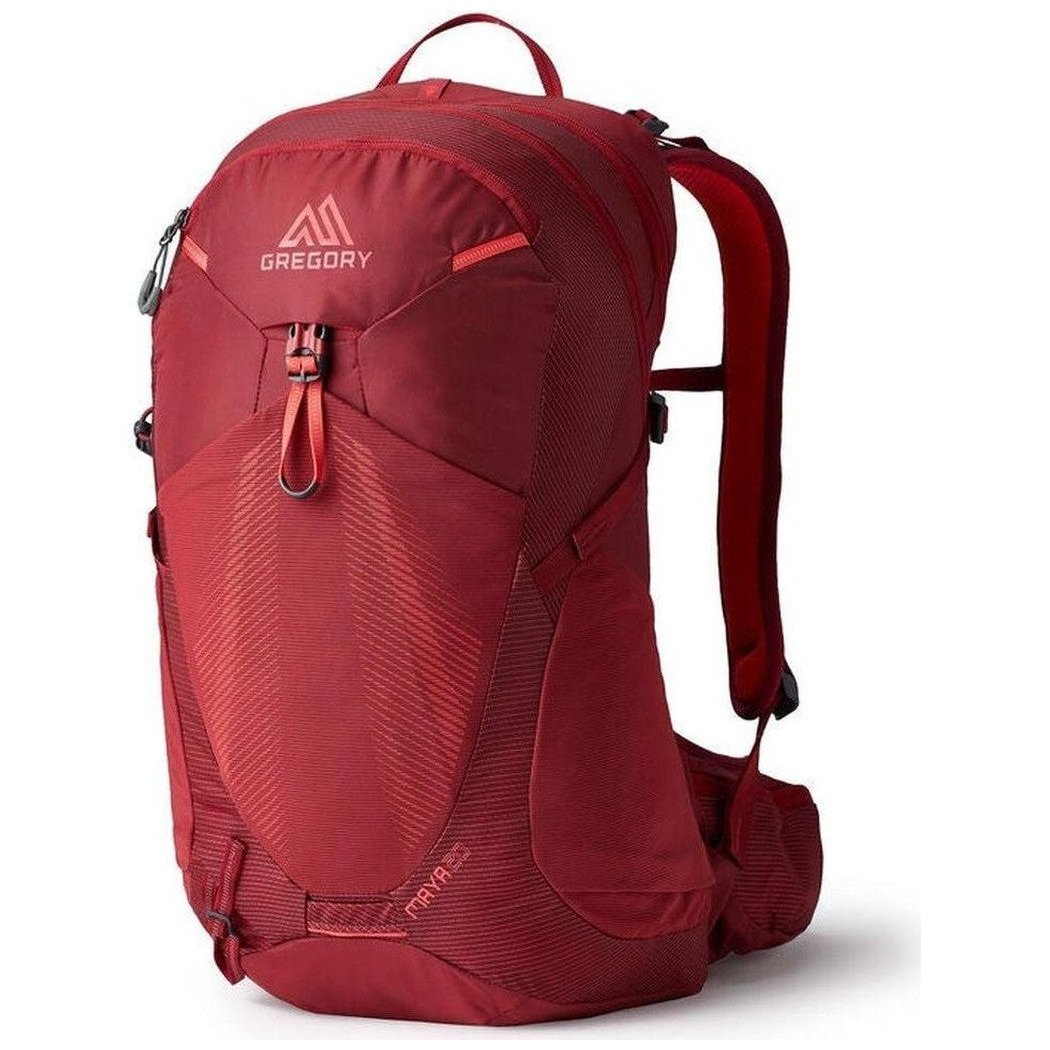 Side view of the Gregory Maya 20 in Iris Red showing the front zip pocket and padded shoulder straps against a white background.