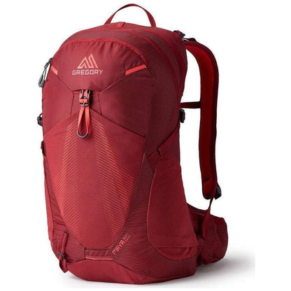 Side view of the Gregory Maya 20 in Iris Red showing the front zip pocket and padded shoulder straps against a white background.