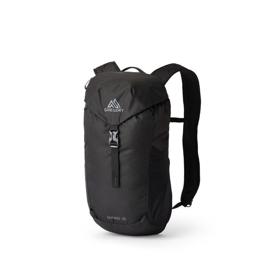 A front view of the Gregory Nano 16 Plus daypack in Optic Black against a white background.