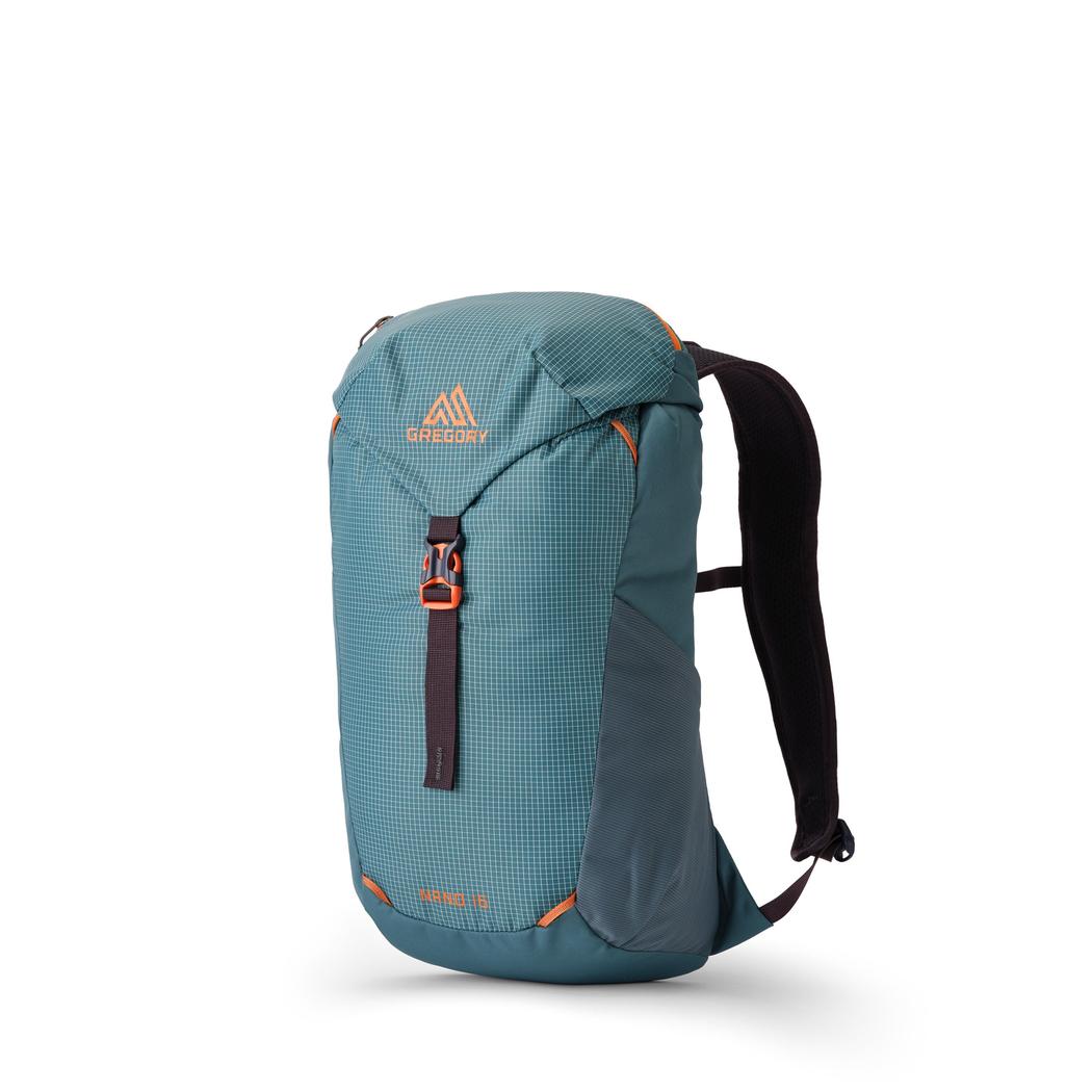 Side view of the Gregory Nano 16 in Moab Tan showing the front zipper and black shoulder straps against a white background.