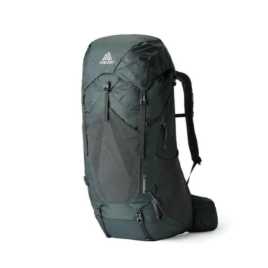 Side view of the Gregory Paragon 70 in Cascade Green showing the front zip pocket and padded shoulder straps against a white background.
