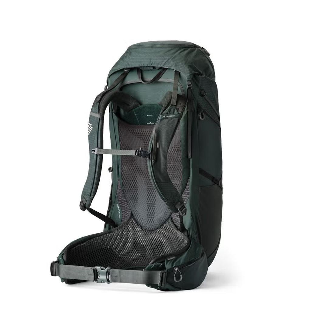 Side view of the Gregory Paragon 70 in Cascade Green showing the mesh back panel and hip belt against a white background.