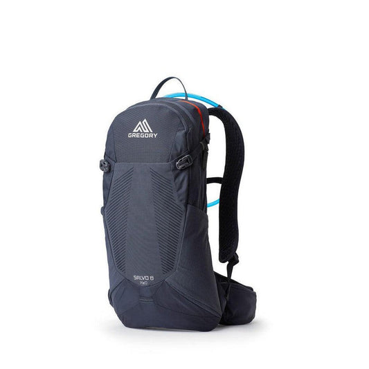A front view of the Gregory Salvo 8 H20 backpack in Spark Navy with a blue hydration tube visible, set against a white background.
