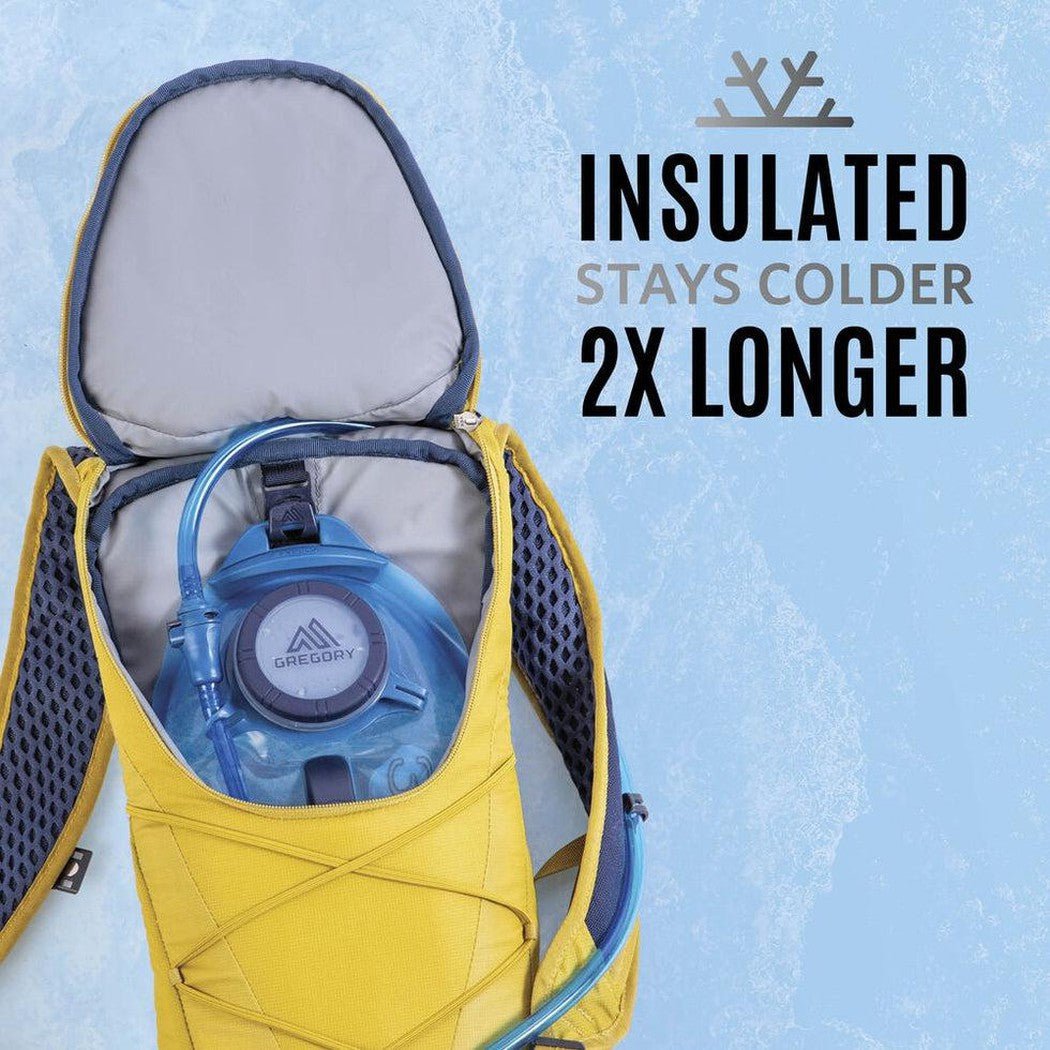 Top-down view of the yellow Gregory Tempo 6 H20 hydration pack with a blue water reservoir, showing its insulated compartment and text stating it stays colder 2x longer.