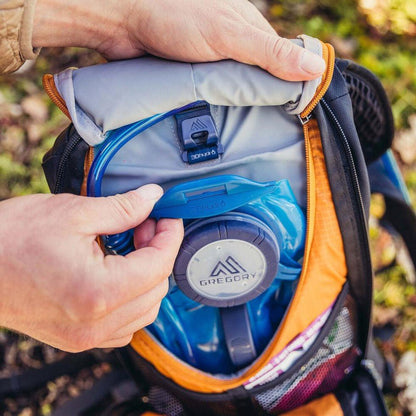 A close-up of the Gregory Tempo 6 H20 hydration pack in Carbon Bronze, showing the blue reservoir and zippered compartment against a natural outdoor background.