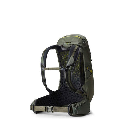 Side view of the Gregory Zulu 28 LT Plus in Forage Green showing the padded back panel and hip belt against a white background.
