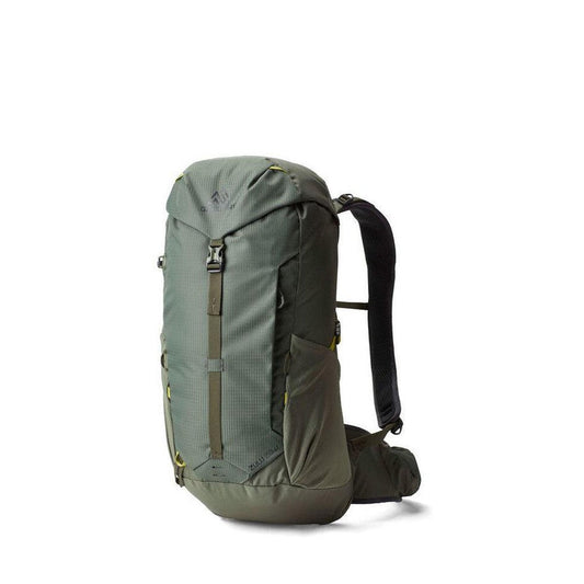 Side view of the Gregory Zulu 28 LT Plus in Forage Green showing the front compression strap and black shoulder straps against a white background.