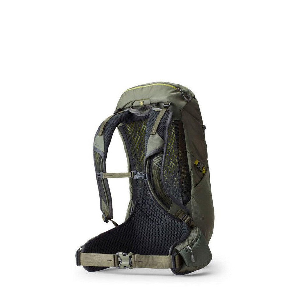 Side view of the Gregory Zulu 28 LT in Forage Green showing the breathable mesh back panel against a white background.