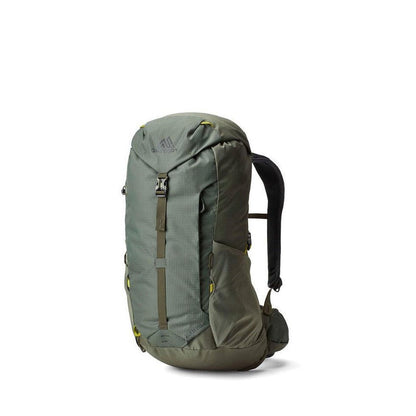 Side view of the Gregory Zulu 28 LT in Forage Green showing the front compression strap against a white background.