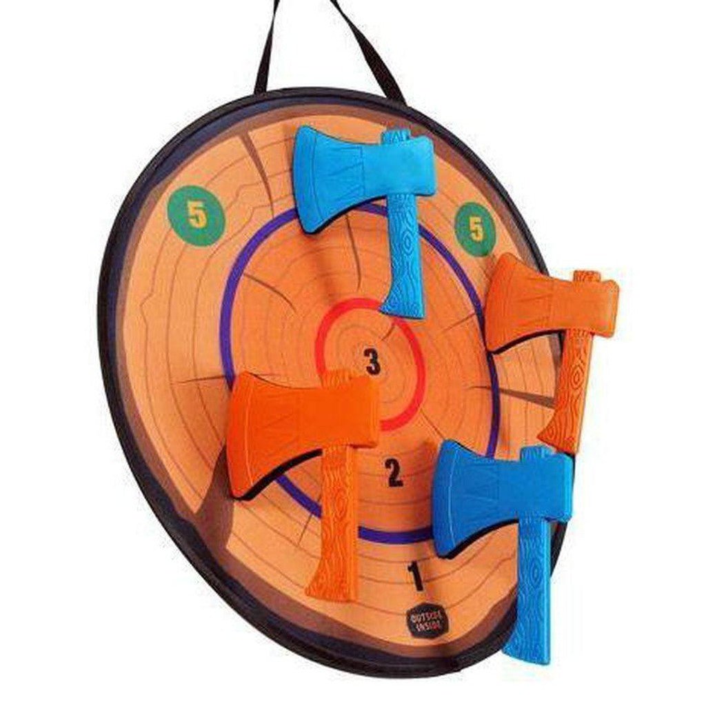 A circular GSI Outdoors Axe Throwing target with blue and orange axes, hanging from a black strap against a white background.