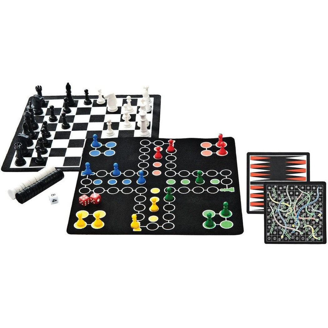 Back view of the GSI Outdoors Backpack 5 in 1 Magnetic Game Set showing chess, checkers, and backgammon boards on a white background.