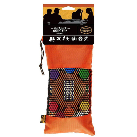 The GSI Outdoors Backpack Double-12 Dominos in Assorted colors is shown in a front view with a mesh pocket displaying colorful dominoes against an orange background.
