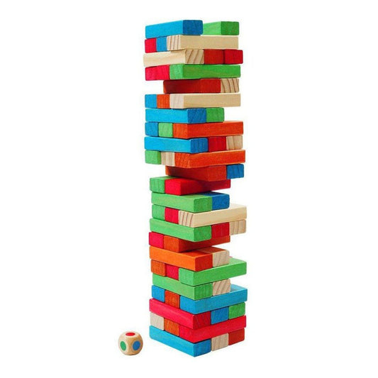 A tall stack of colorful wooden blocks from the GSI Outdoors Basecamp Tumbling Tower with a small ball at the base against a white background.