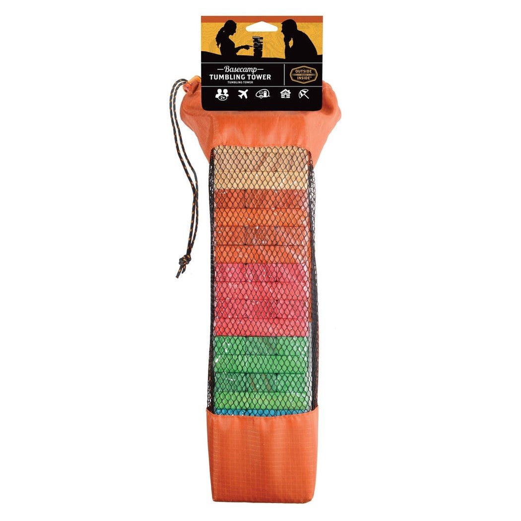 An orange GSI Outdoors Basecamp Tumbling Tower in a mesh bag with a drawstring, showing stacked colorful discs inside against a white background.