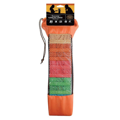 An orange GSI Outdoors Basecamp Tumbling Tower in a mesh bag with a drawstring, showing stacked colorful discs inside against a white background.