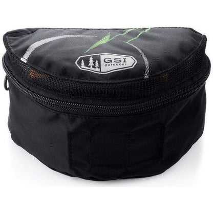 A black GSI Outdoors Crossover Kitchen Kit with a zippered top and logo on the front, photographed from a top-down angle against a white background.