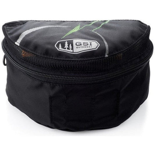 A black GSI Outdoors Crossover Kitchen Kit with a zippered top and logo on the front, photographed from a top-down angle against a white background.