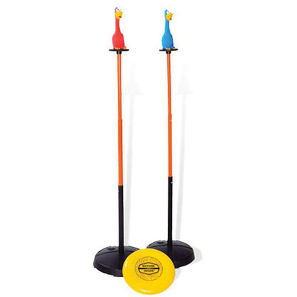 Two orange and black GSI Outdoors Freestyle Chicken-Disk Battle game poles with red and blue chickens stand next to a yellow frisbee on a white background.
