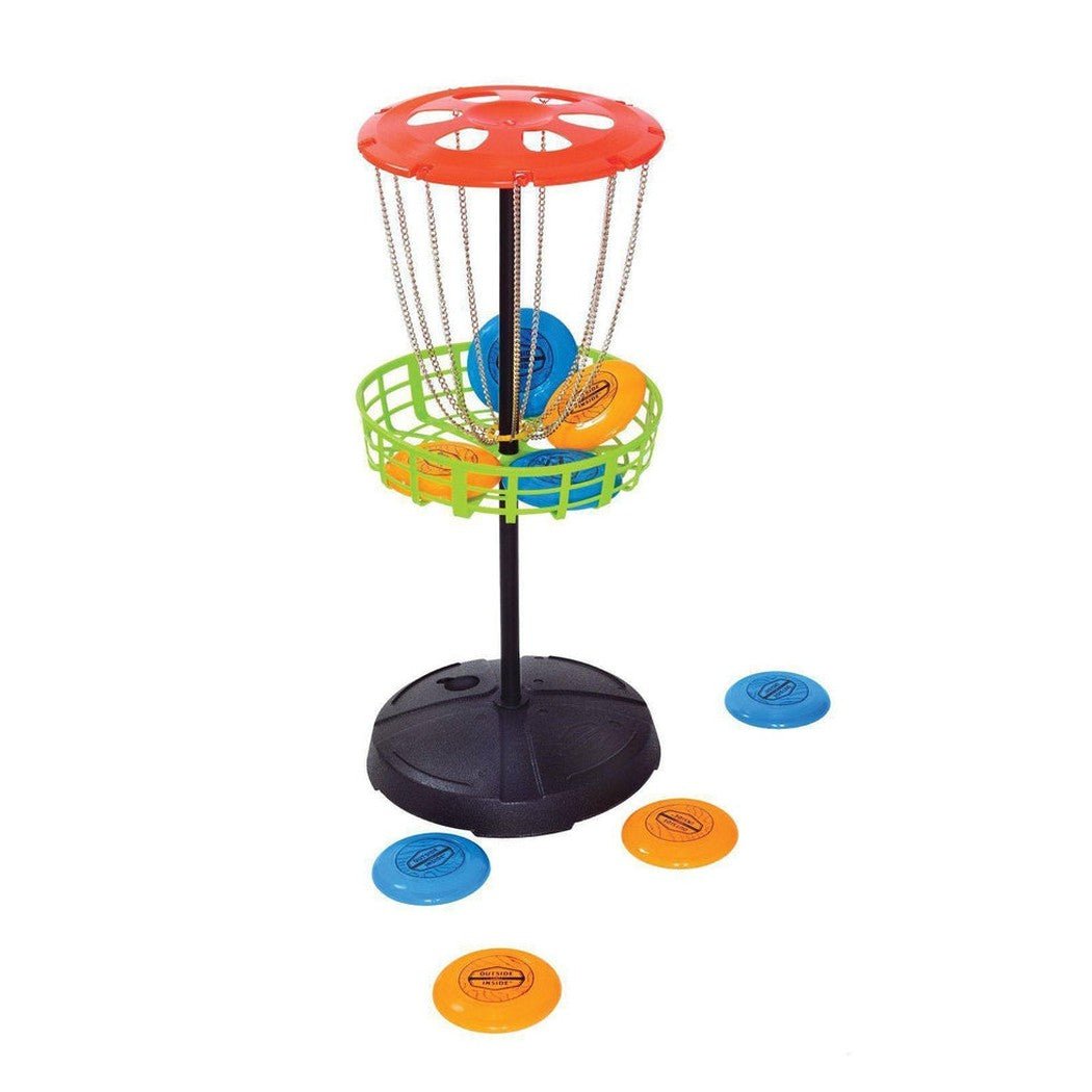 A side view of the GSI Outdoors Freestyle Mini Disk-Golf with a red top, green basket, and colorful discs on a white background.