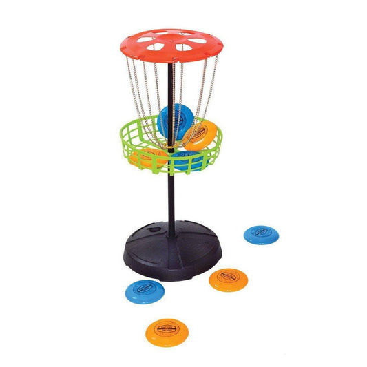 A side view of the GSI Outdoors Freestyle Mini Disk-Golf with a red top, green basket, and colorful discs on a white background.