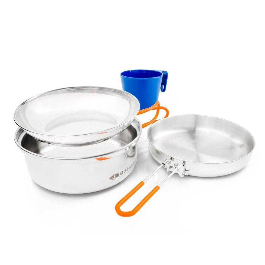 A top-down view of the GSI Outdoors Glacier Stainless 1 Person Mess Kit with a blue cup and orange handles against a white background.