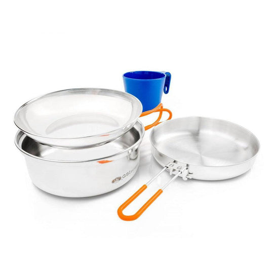 A top-down view of the GSI Outdoors Glacier Stainless 1 Person Mess Kit with a blue cup and orange handles against a white background.