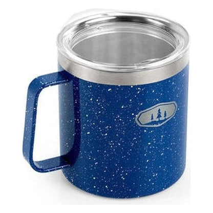 A side view of the GSI Outdoors Glacier Stainless 15 fl. Oz. Camp Cup in Black showing the stainless steel lid and speckled design against a white background.