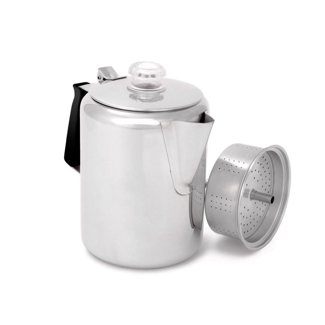 A stainless steel GSI Outdoors Glacier Stainless 9 Cup Perc with a black silicone handle sits on a white background with its lid off.