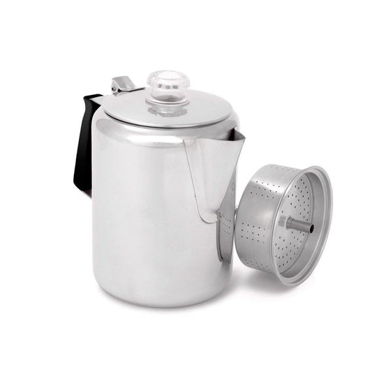 A stainless steel GSI Outdoors Glacier Stainless 9 Cup Perc with a black silicone handle sits on a white background with its lid off.