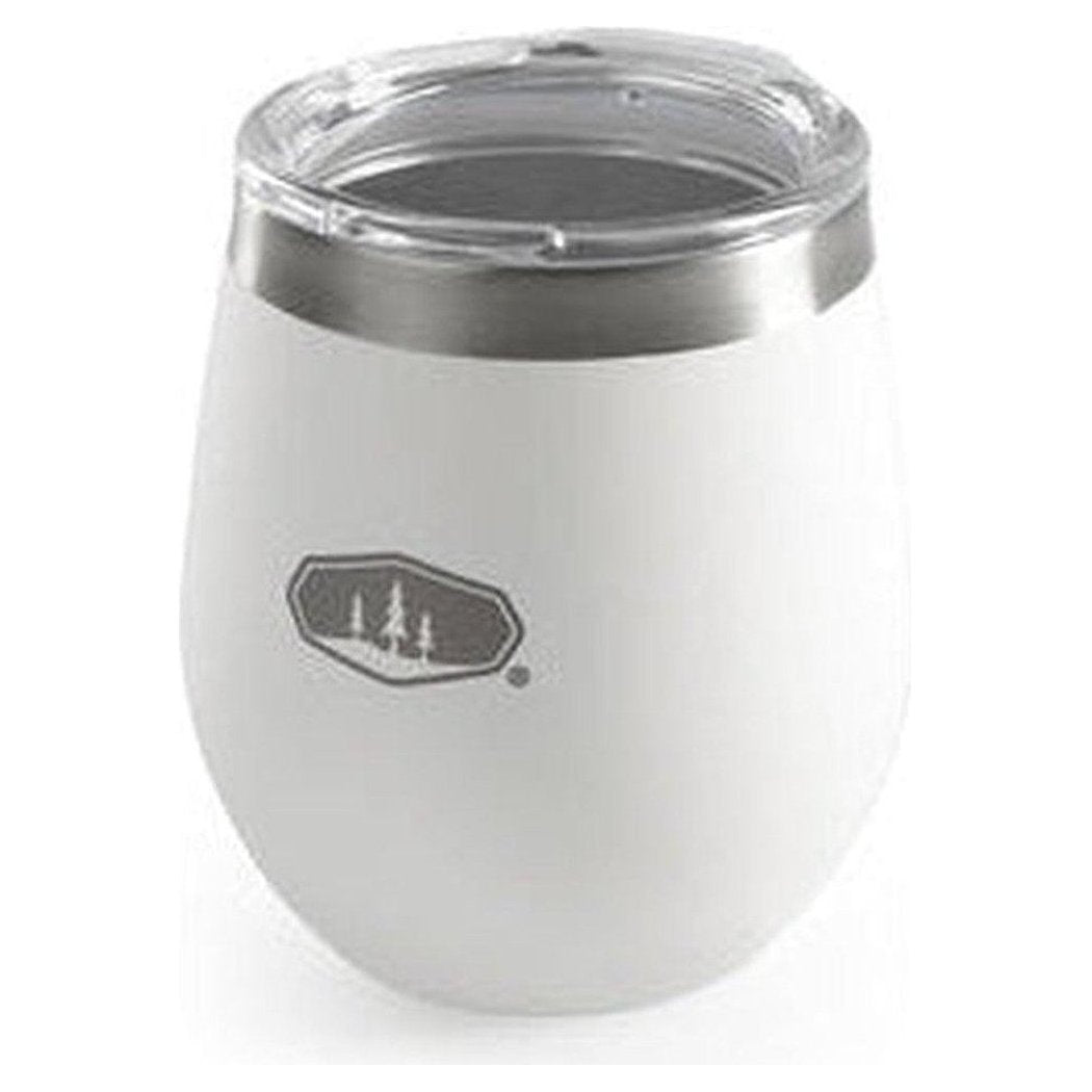 A white GSI Outdoors Glacier Stainless Glass 8oz tumbler with a silver rim and a forest logo on the front, photographed from the front against a white background.