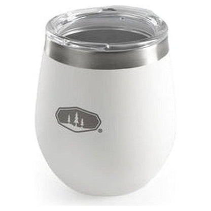 A white GSI Outdoors Glacier Stainless Glass 8oz tumbler with a silver rim and a forest logo on the front, photographed from the front against a white background.