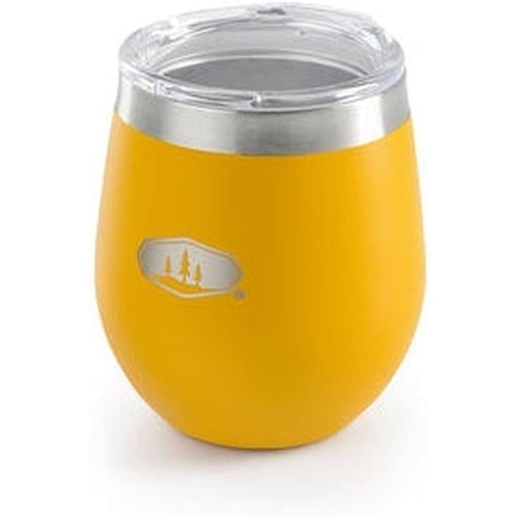 A yellow GSI Outdoors Glacier Stainless Glass 8oz tumbler with a silver logo and clear lid, photographed from the front against a white background.