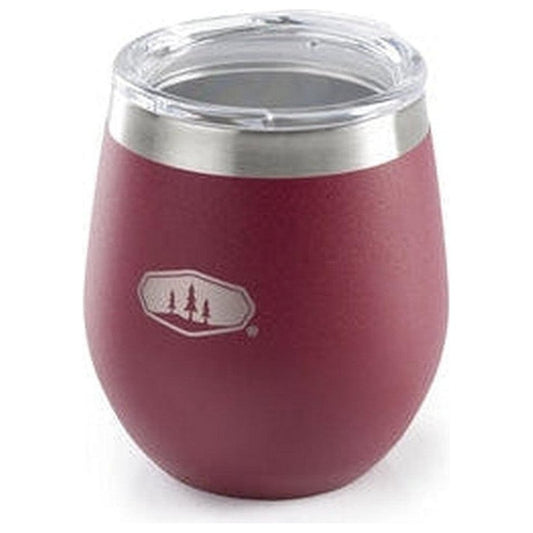 A front view of the GSI Outdoors Glacier Stainless Glass 8oz in Cabernet with a stainless steel rim and a logo on the front.