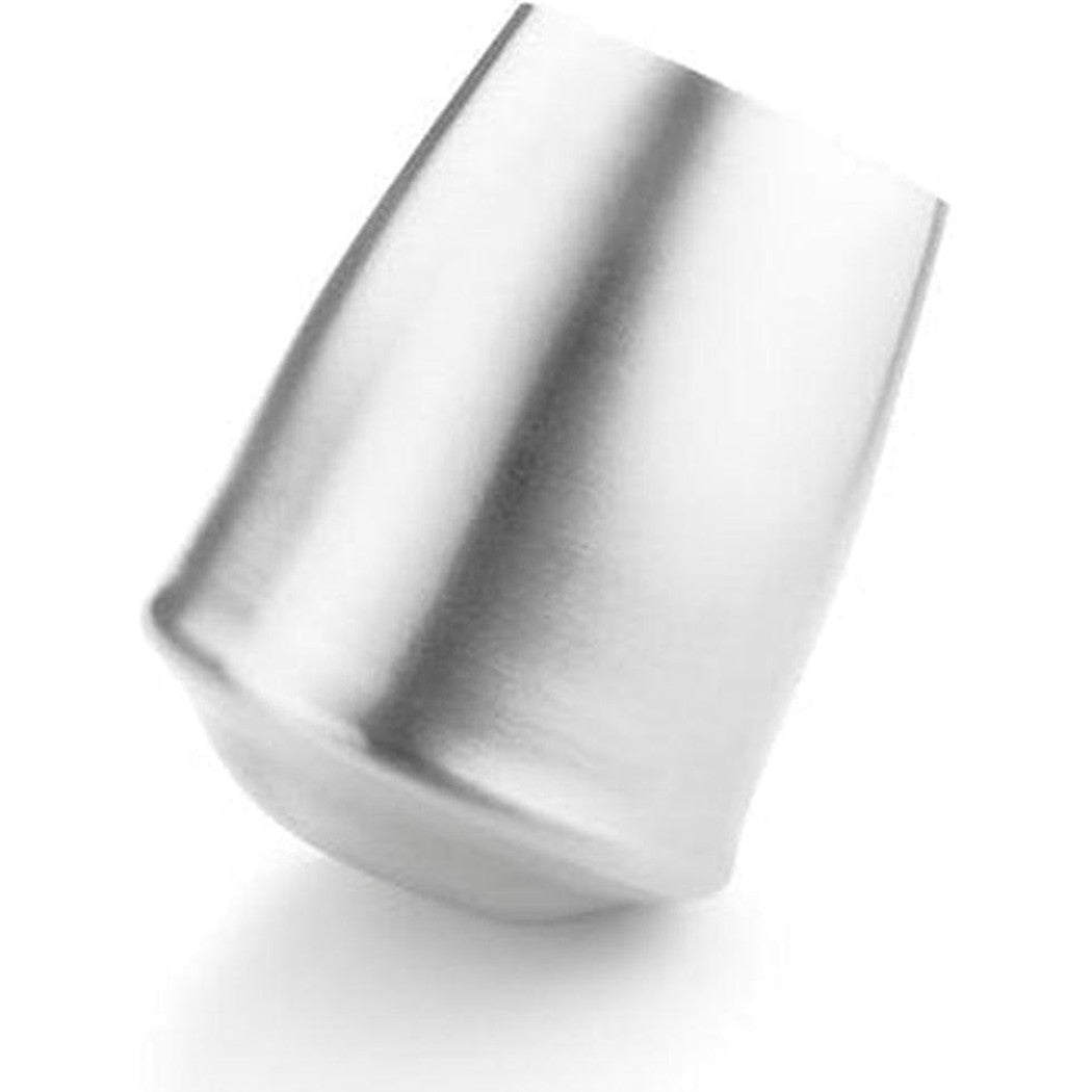 A side view of the GSI Outdoors Glacier Stainless Stemless Wine Glass with a brushed stainless steel finish against a white background.
