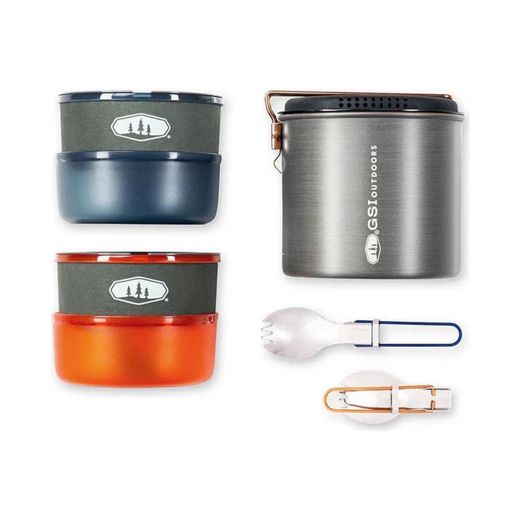 A top-down view of the GSI Outdoors Halulite Dualist camping cookware set with a stainless steel pot, two nesting containers, and utensils on a white background.