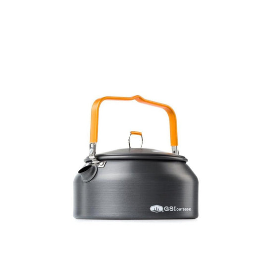 A front view of the GSI Outdoors Halulite Tea Kettle - 1 QT with an orange handle against a white background.