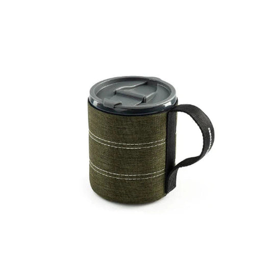 A front view of the GSI Outdoors Infinity Backpacker Mug in Green with a charcoal lid and handle, set against a white background.