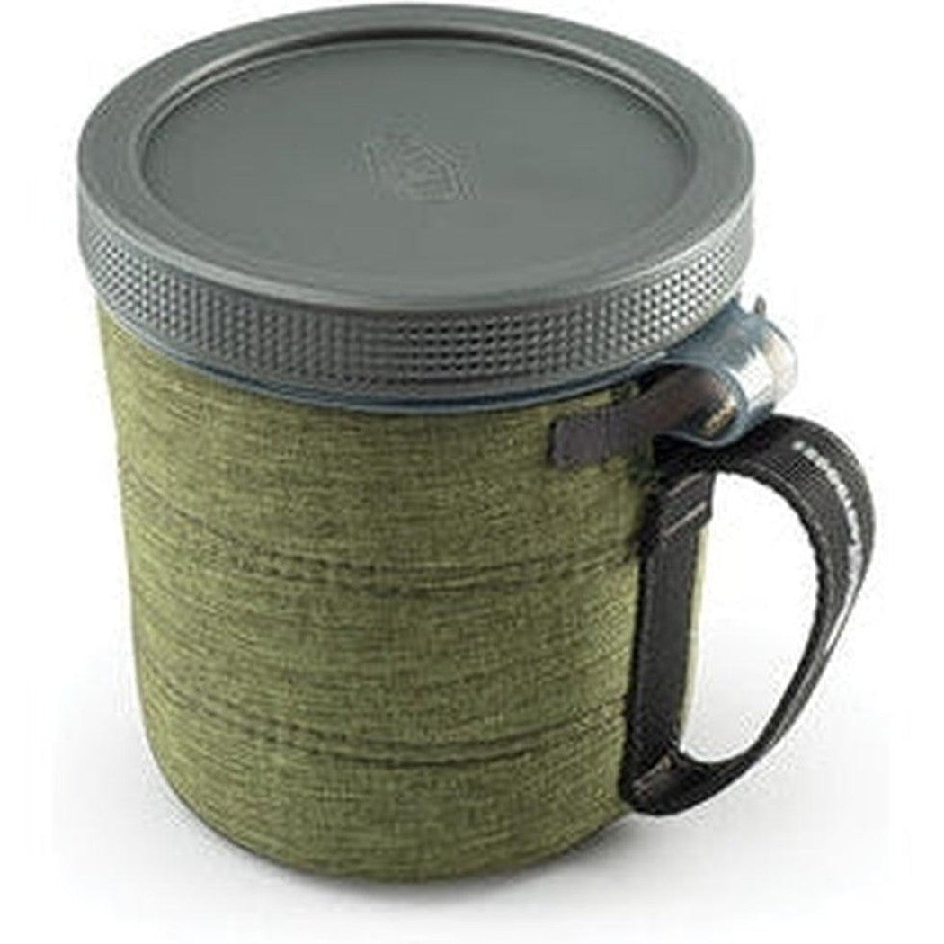 A front view of the GSI Outdoors Infinity Fairshare Mug in Green showing the textured lid and attached handle.